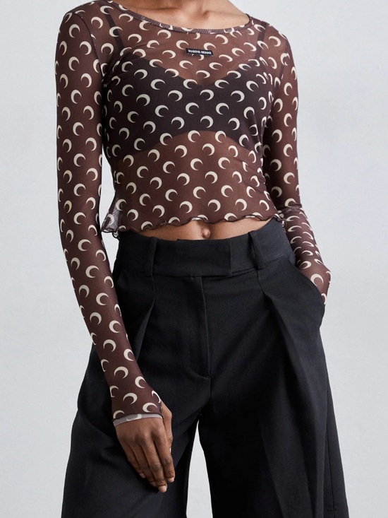 Marine Serre Tops - Marine Serre Brown Moon-Print Cropped Long Sleeve Top and matching sheer pants